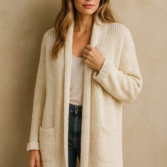 Ann Taylor Cream Textured Knit Alpaca Merino Wool Cardigan XL Open Front Cozy - Picture 1 of 9